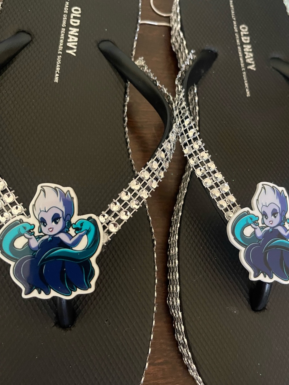 Old Navy Black Flip Flops with Rhinestone Straps and Cartoon Charm